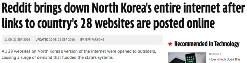 Reddit downs North Korea's web sites